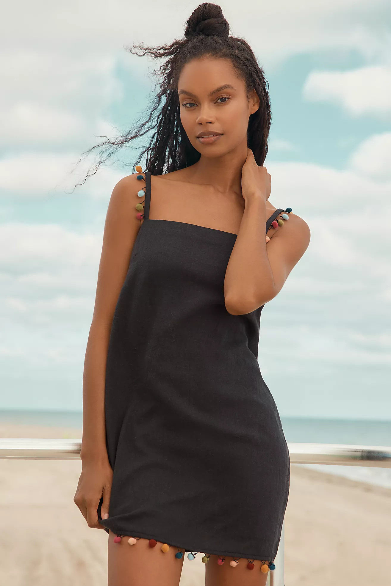 Celandine Linen Blend Pom-Pom Mini Shift Dress | Anthropologie (US)