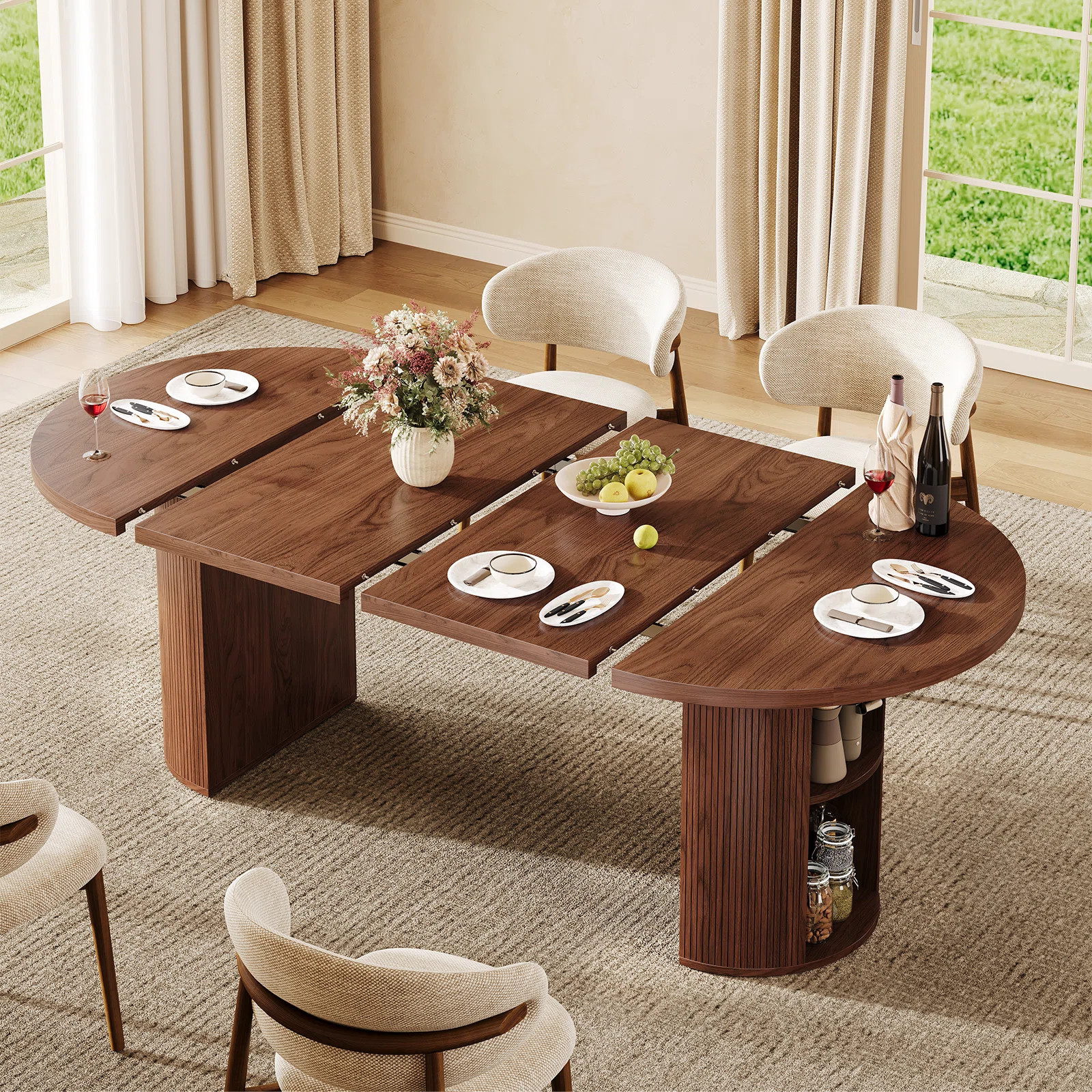 Latitude Run® 41"-78" Mid Century Extendable Oval Dining Table With Storage, 2 Leaves, Fluted Ba... | Wayfair North America