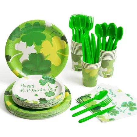 St. Patrick's Day Plates Party Supplies, Shamrocks Paper Plates, Napkins Cups and Plastic Silverware | Walmart (US)