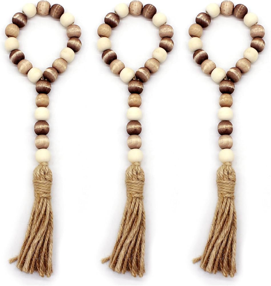 CVHOMEDECO. Wood Bead Garland with Tassels 3 PCS Farmhouse Rustic Wooden Prayer Beads String Wall... | Amazon (US)