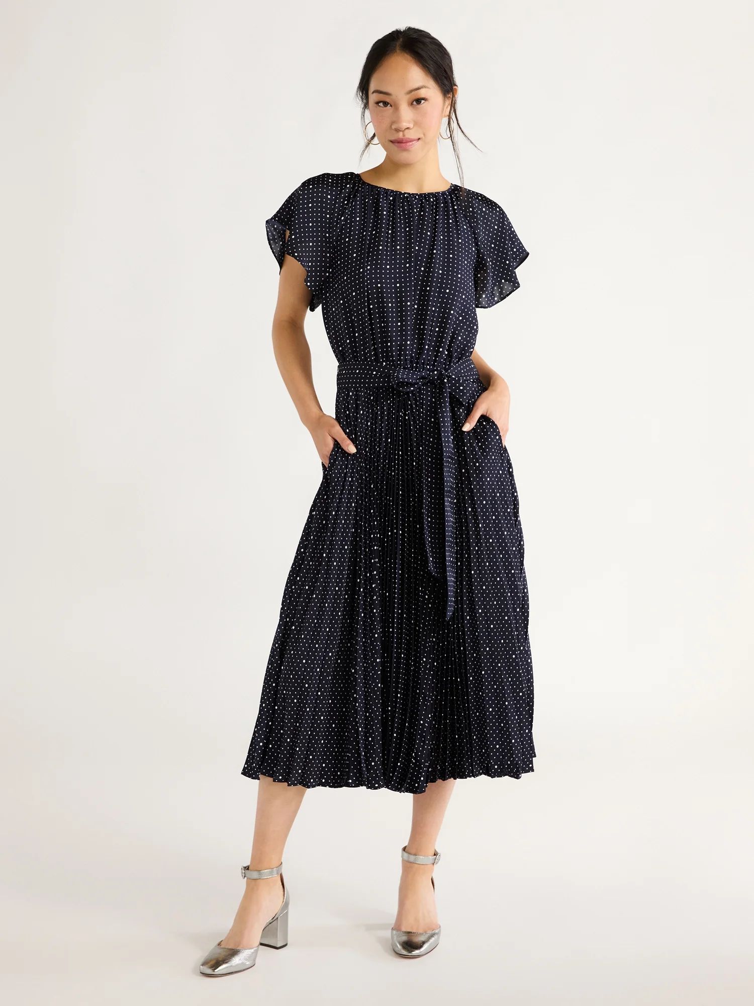 Free Assembly Women’s Pleated Midi Dress with Flutter Sleeves, Sizes XS-XXL | Walmart (US)