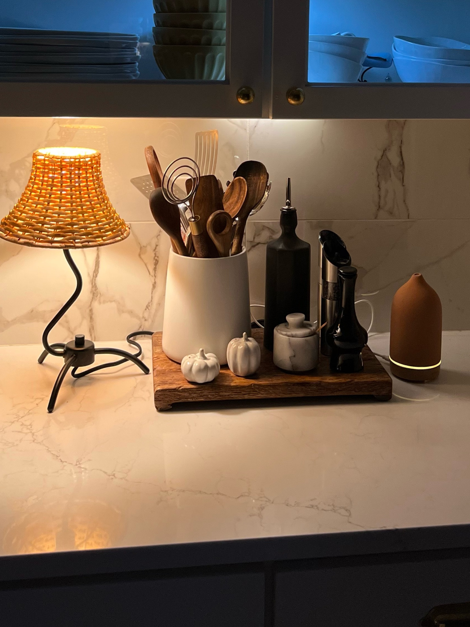 Kitchen organization, fall kitchen decor, 

cb2 table lamp, oil dispenser, oil diffuser, salt and pepper, pumpkin 

#LTKSeasonal #LTKhome #LTKstyletip