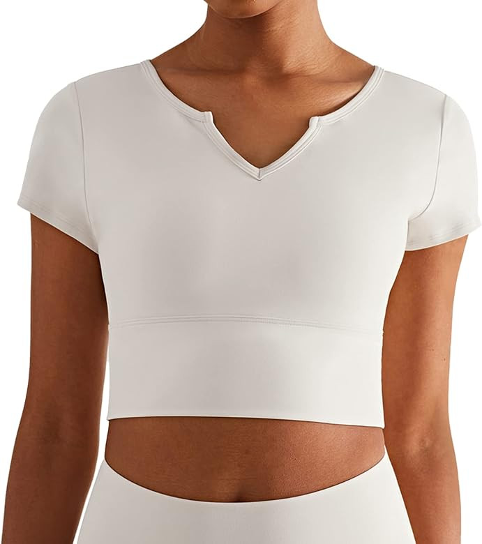altiland Padded Workout Tops for Women, V Neck Yoga Gym Sports T-Shirts, Athletic Short Sleeve Cropp | Amazon (US)