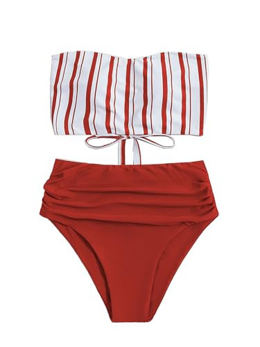 SweatyRocks Women's Bathing Suits Striped Bandeau Bikini high Waisted Swimsuits Swimwear Set Brown Stripes Small | Amazon (US)