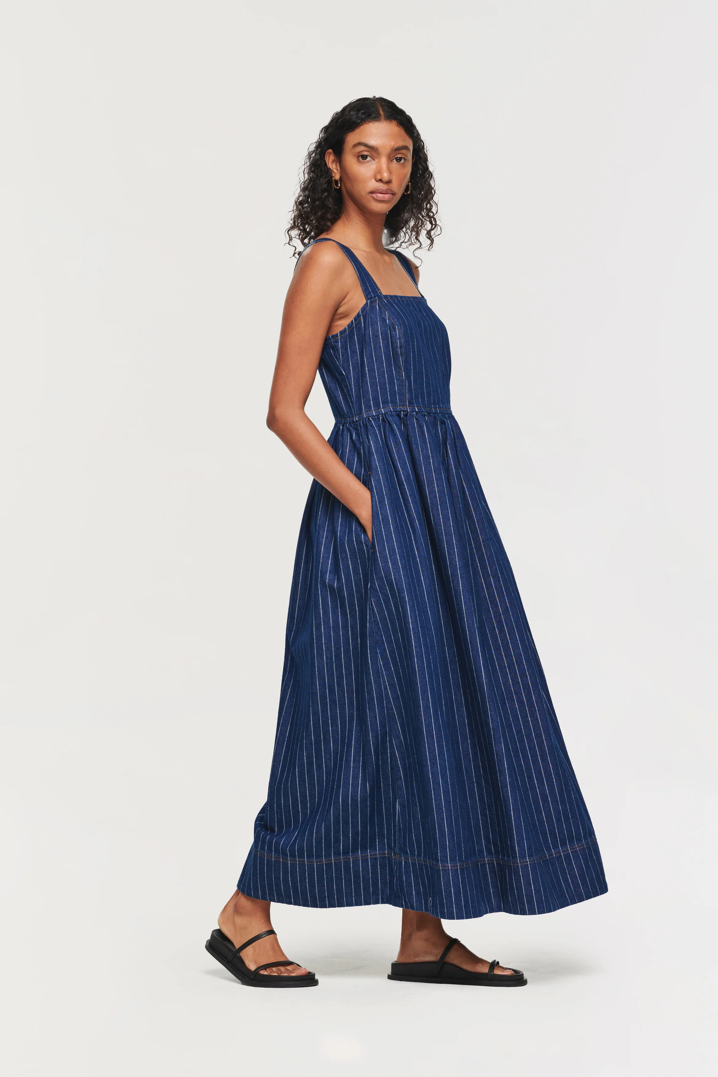 Rosa | Pinstripe Denim Midi Dress | ALIGNE | ALIGNE USA