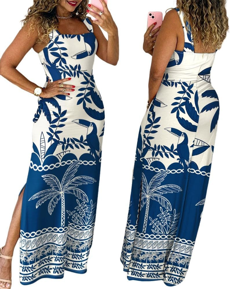 CHICME Women's Summer Maxi Dress Casual Thick Strap Square Neck Boho Sundress Split Vacation Dres... | Amazon (US)