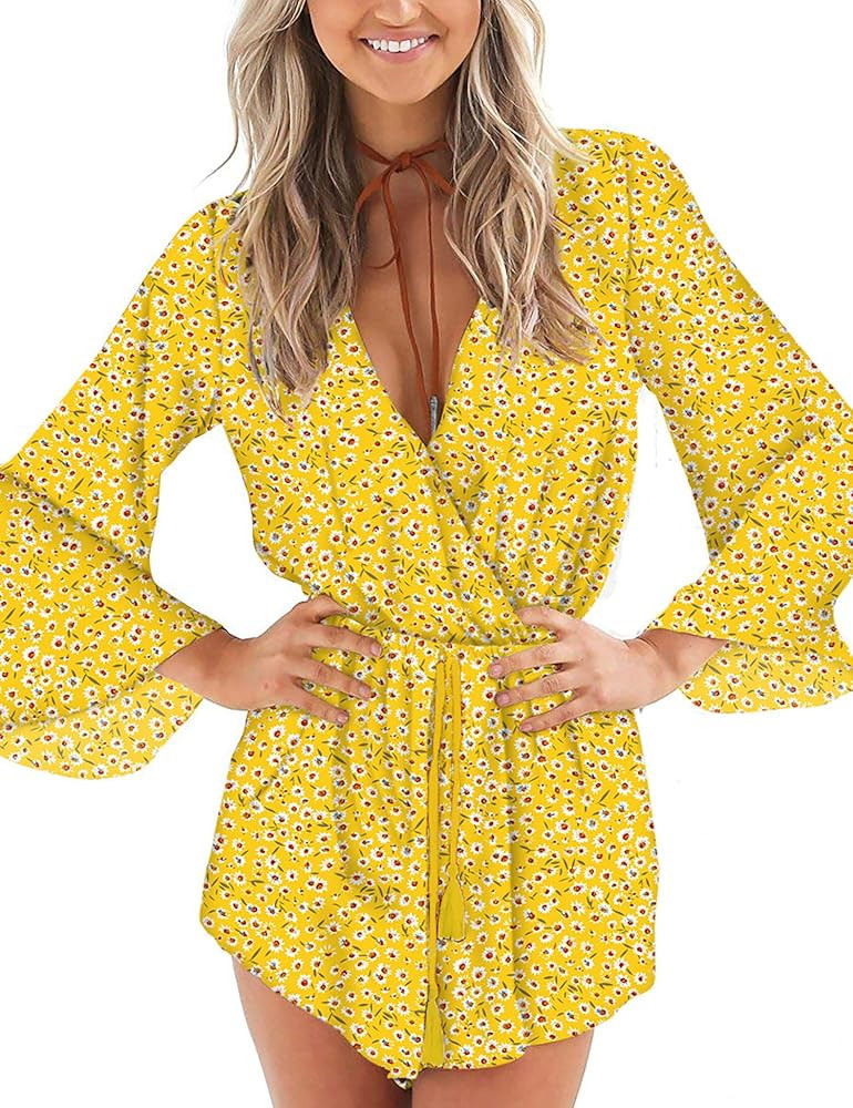 Relipop Women's Floral Print Long Sleeves Short Romper Playsuit Jumpsuit | Amazon (US)