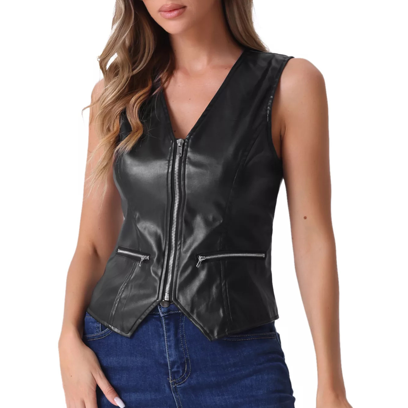 Women's Faux Leather Waistcoat V Neck Sleeveless Zipper Motorcycle Biker Vintage Vest Jacket | Kohl's
