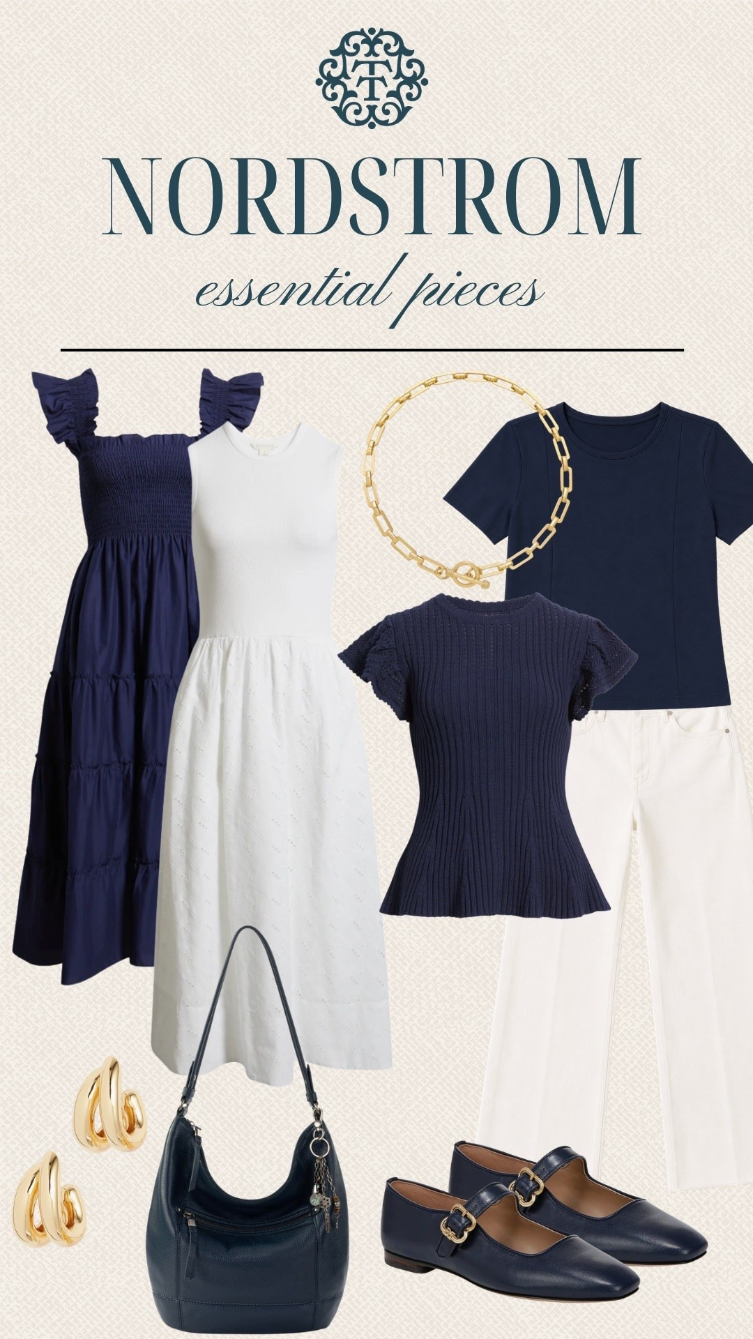 These Nordstrom essentials make getting dressed feel so easy, with classic navy, crisp white, and gold accents throughout. We love the mix of everyday pieces, from the tiered dress and knit top to the Mary Jane flats and structured bag. These are the kind of staples we can keep reaching for all season long.

#LTKSeasonal #LTKOver40 #LTKMidsize