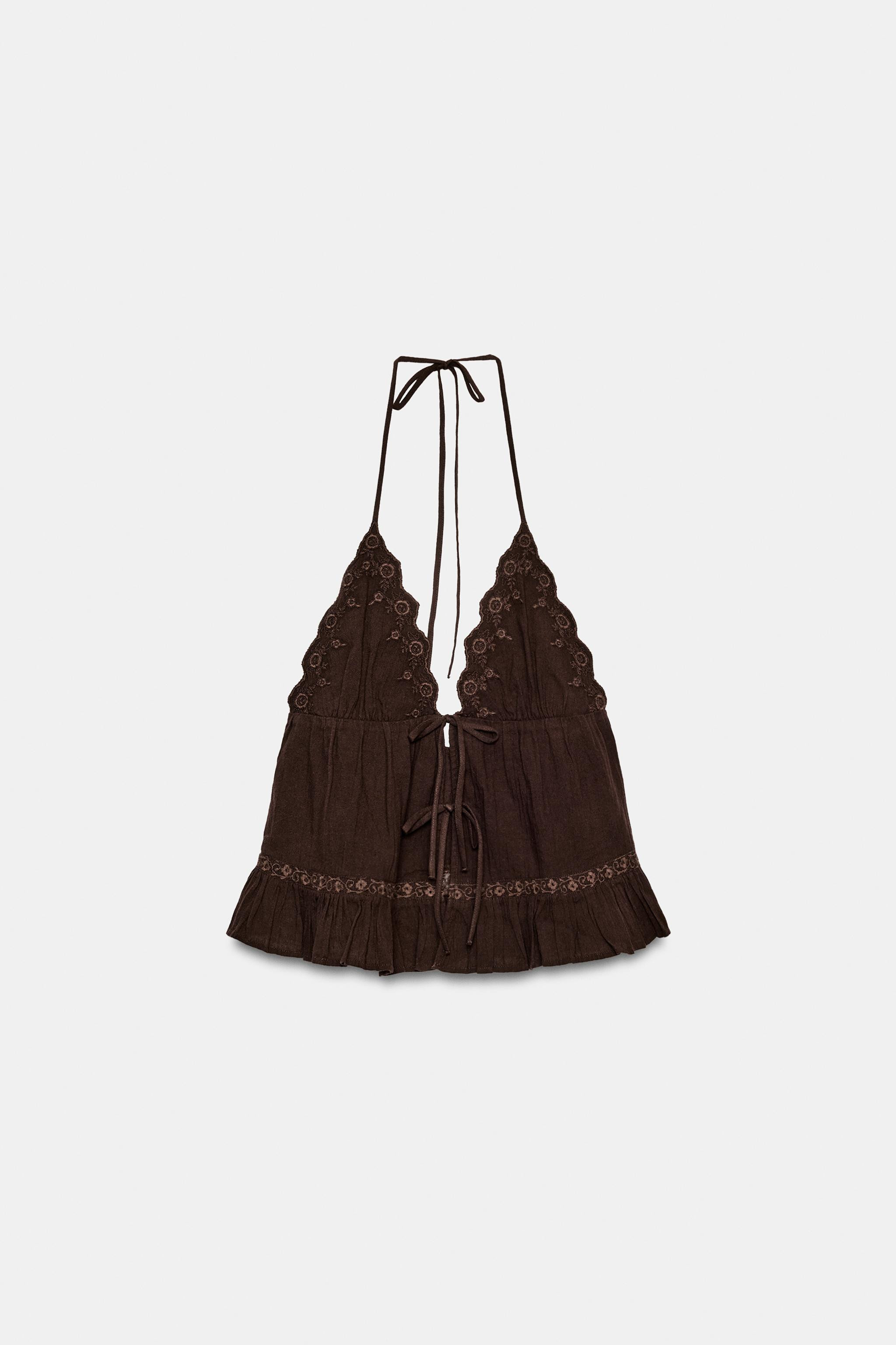 EMBROIDERED GAUZE HALTER TOP | Zara UK