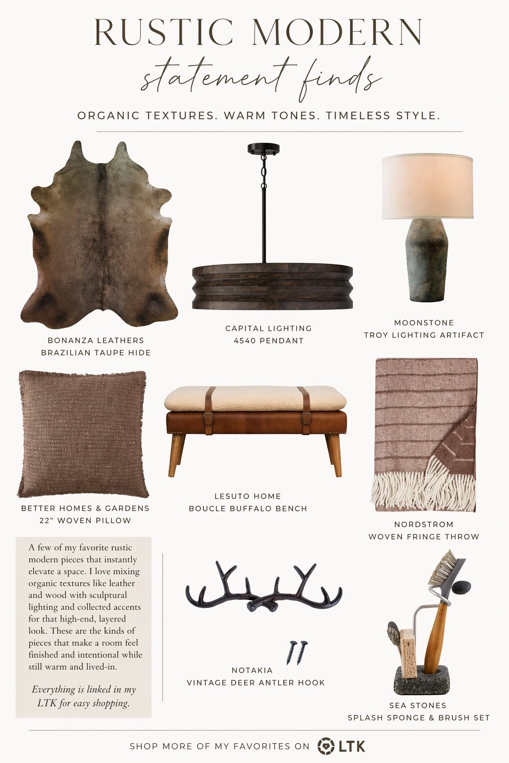 Rustic Modern Statement Finds

A few of my favorite rustic modern pieces that instantly elevate a space without overthinking it. I love mixing organic textures like leather and wood with sculptural lighting and collected accents for that high-end, layered look. These are the kinds of pieces that make a room feel finished and intentional while still warm and lived-in. Everything is linked in my LTK for easy shopping.

#LTKHome #LTKSaleAlert