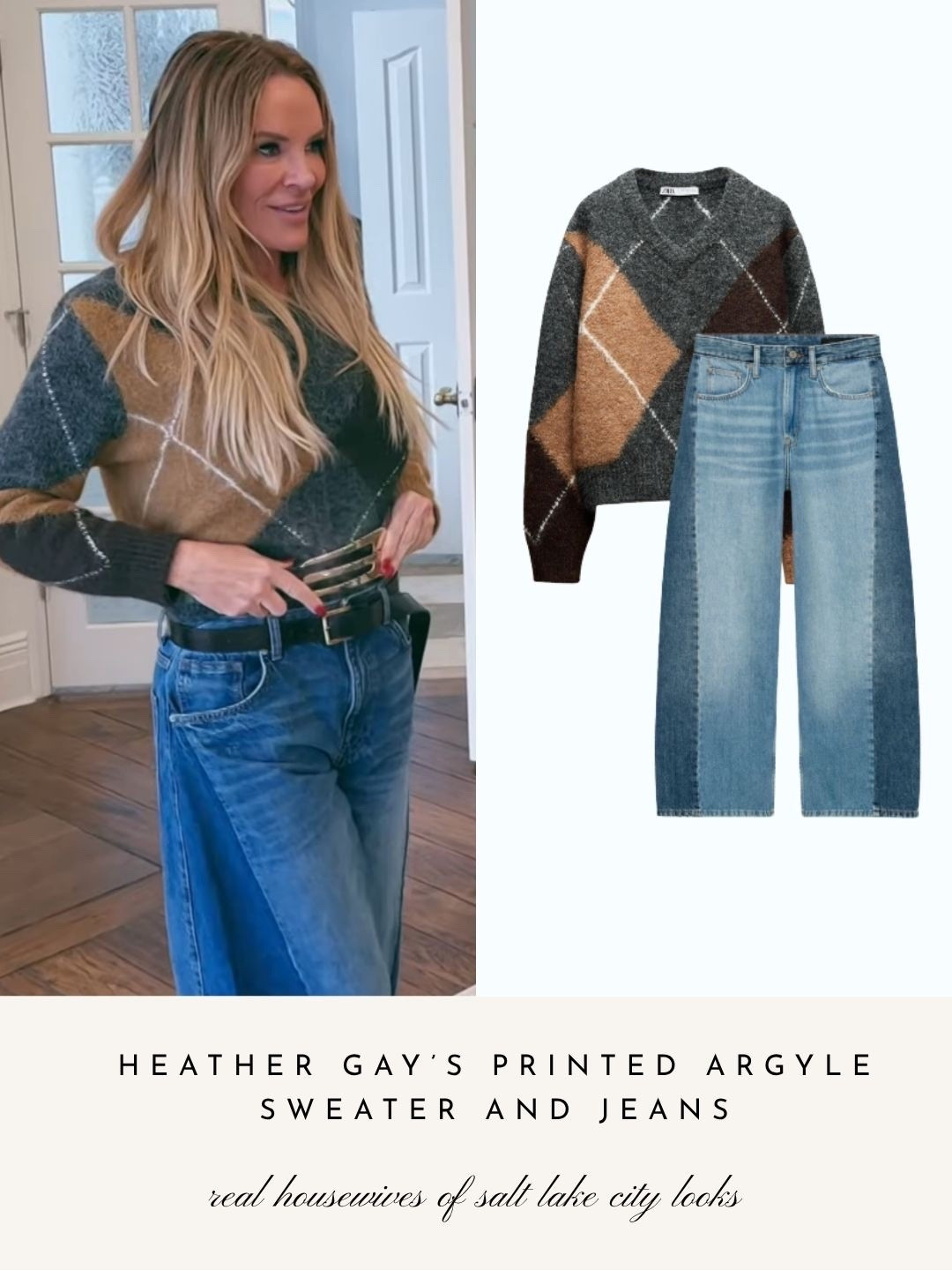 Heather Gay’s Printed Argyle Sweater and Jeans