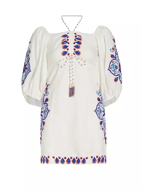 Linen-Blend Embroidered Minidress | Saks Fifth Avenue