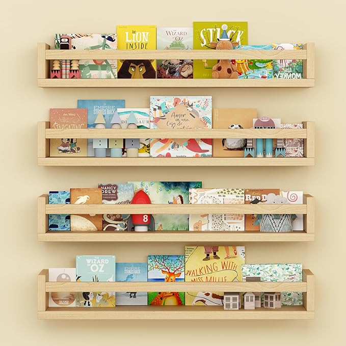 Set of 4 Wall-Mounted Kid's Bookshelf - Wood Floating Nursery Book Shelves - Durable Wood Constru... | Amazon (US)