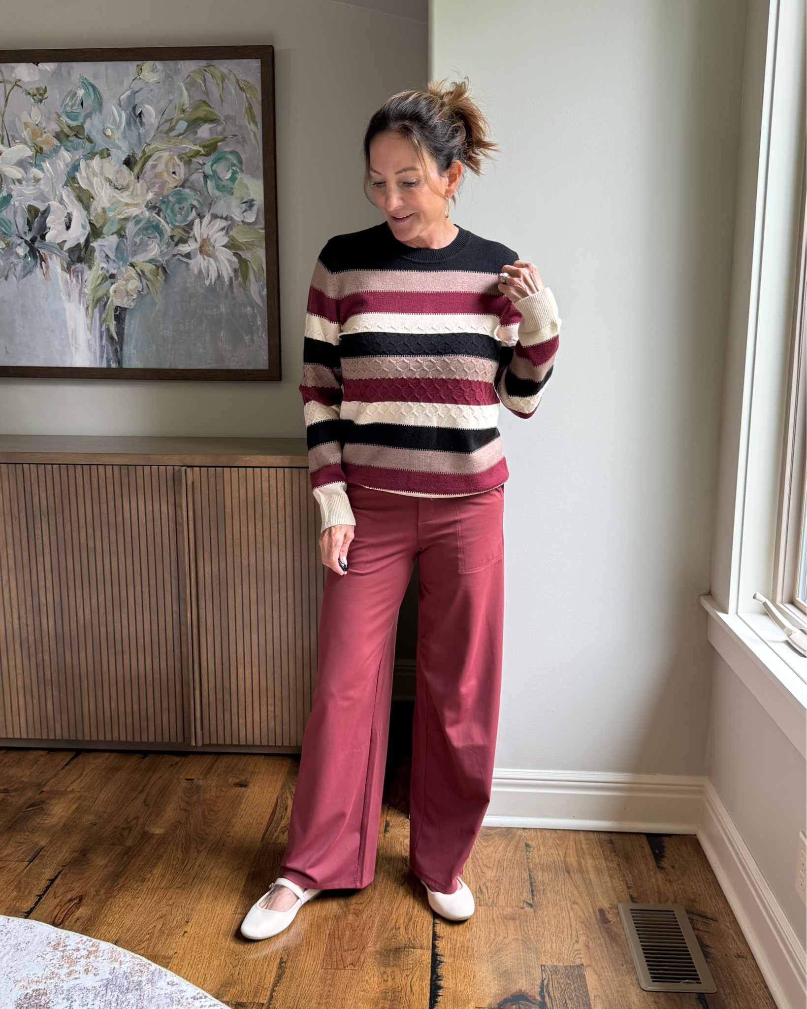 How to Wear Color Without Overdoing It This Fall

A striped sweater is an easy way to bring several fall colors into one outfit without having to think too hard about what goes together. I pulled the warm berry tone from the sweater into the pants and kept the shoes neutral. Coordinated, comfortable and still interesting.

#over50style #falloutfit #sweaterstyle #widelegpants #fallfashion