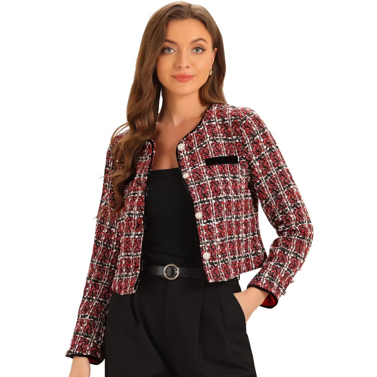 INSPIRE CHIC Women's Elegant Contrast Piping Round Neck Button Front Long Sleeve Tweed Blazer | Target