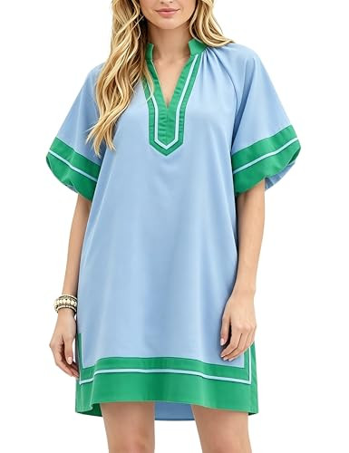 Esmeling Women's Color Block Pullover Dress V-Neck Puff Sleeve Dress Mini Shirt Dress with Pocket... | Amazon (US)