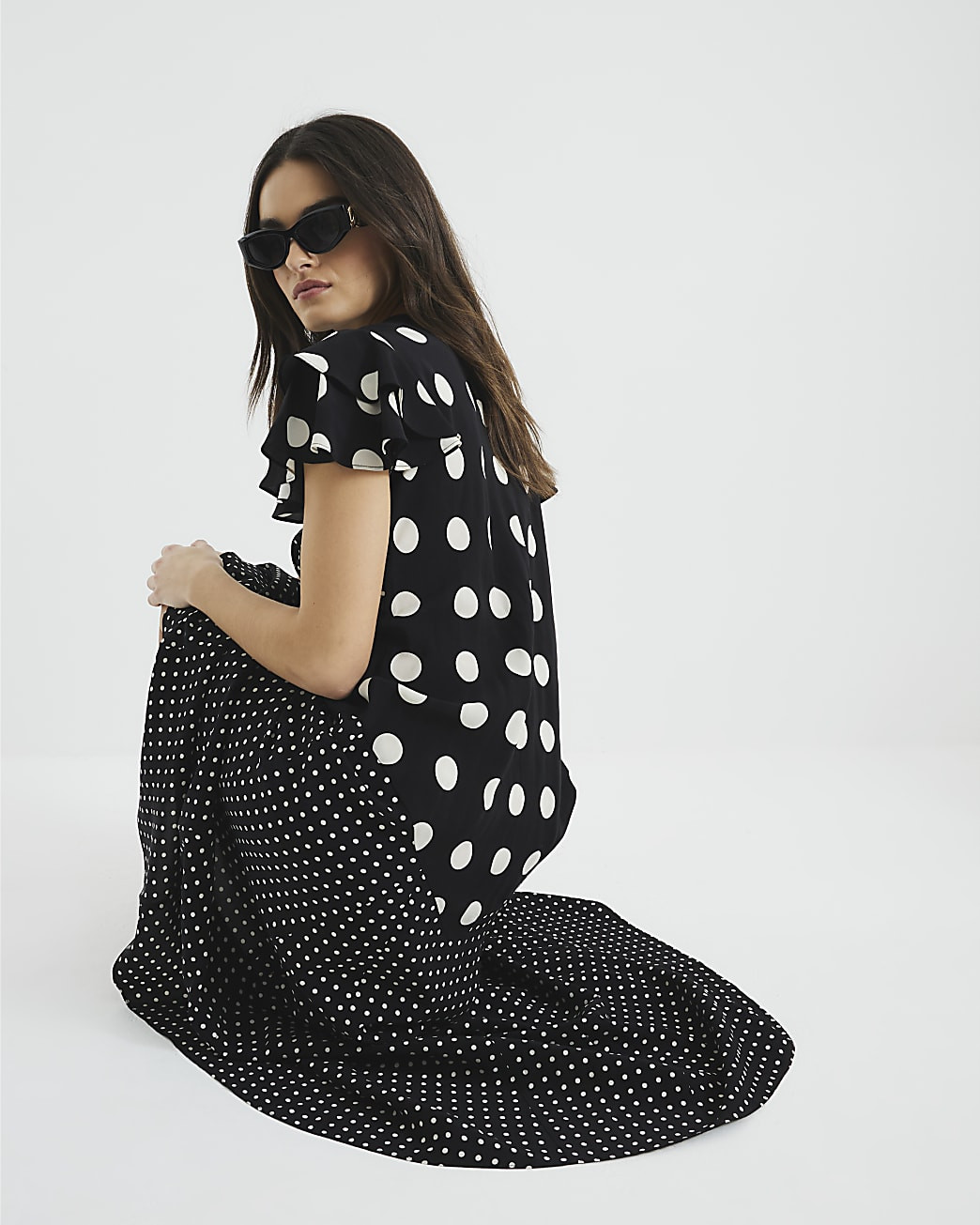 Black Sleeveless Spot Mix Ruffle Maxi Dress | River Island UK & IE