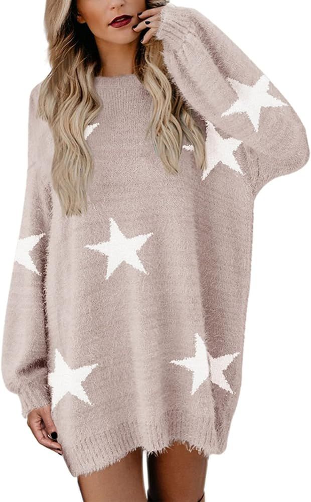 Meenew Women's Furry Pullover Sweater Dress Loose Oversized Long Knitted Tops | Amazon (US)