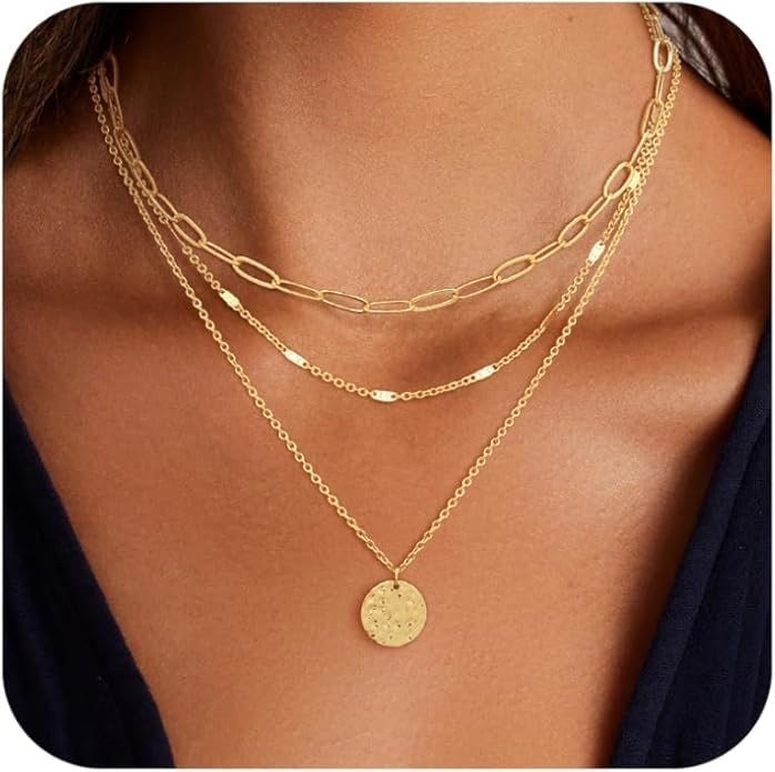 Layered Gold Necklace for Women, 14K Gold Plated Necklace Stack for Women, Dainty Adjustable Gold... | Amazon (US)