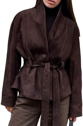 Womens Faux Suede Jacket with Belt Long Sleeve Button Down Belted Suede Leather Jacket Coats | Amazon (US)