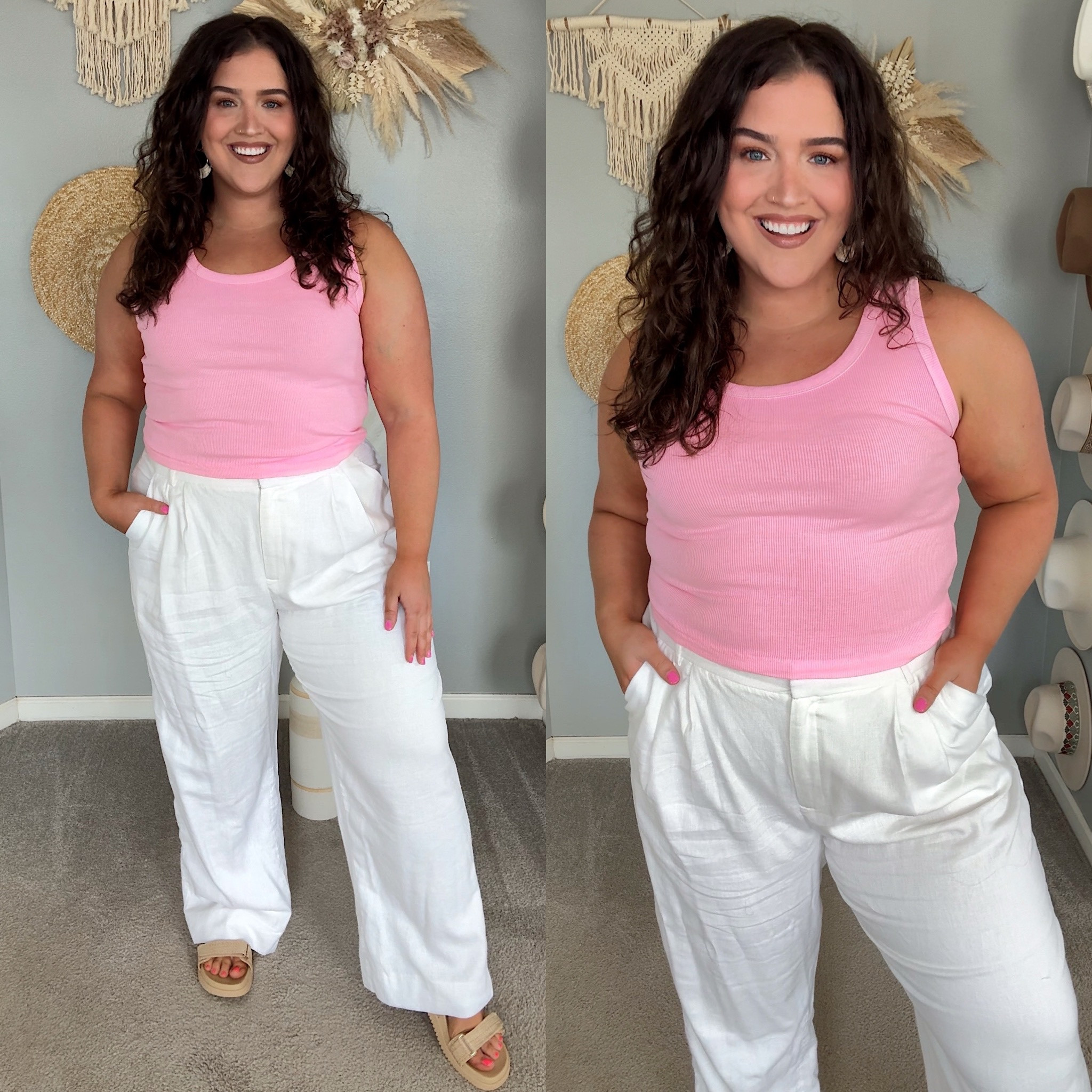 Coastal beach casual 🐚 Vacation inspired outfit, summer style, linen pants
Tank top: XL
Bottoms: 34 (currently 20% off) 

#LTKStyleTip #LTKMidsize #LTKSummerSales