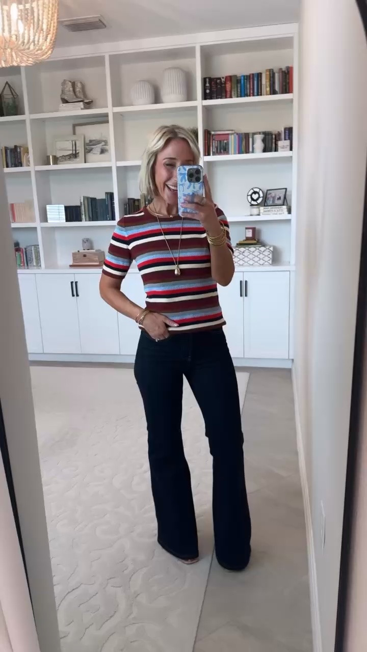 Walmart - new brand on sale. Stripe Sweater w/ Short Sleeves - size XS. Was $17.98. Now $13. 2 colors. High Rise Flare Jeans - size 0 (tight). Was $26.98. Now $20. 2 washes.