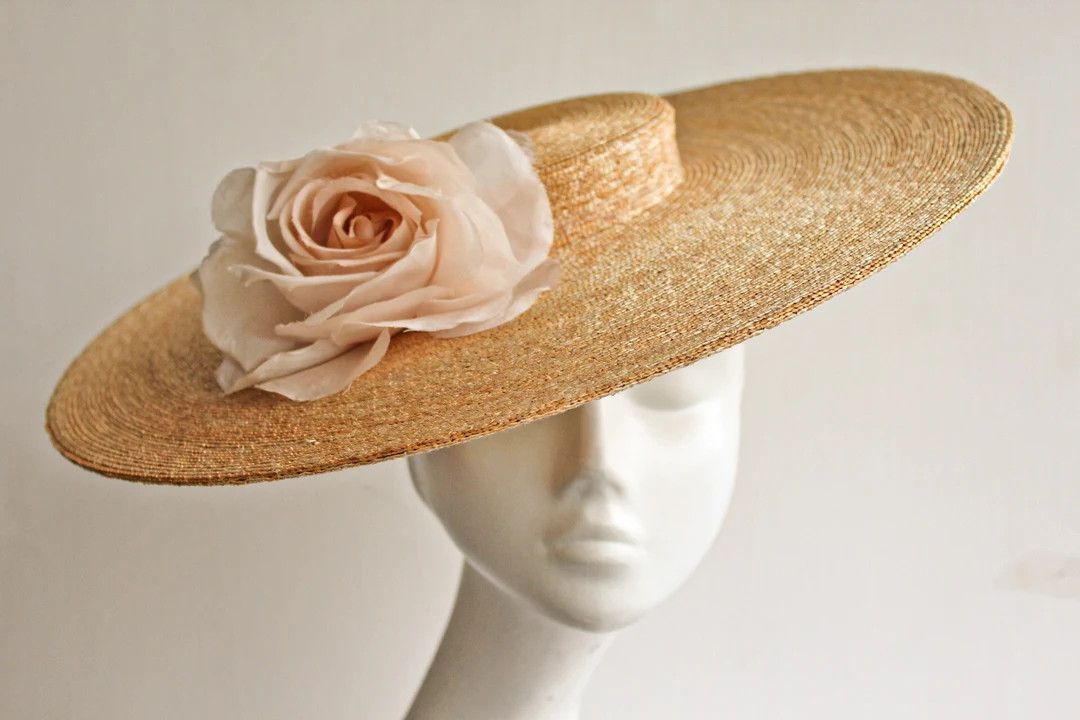 MONTPELLIER ROSE Couture Straw Fascinator Hat With Wide Brim & Silk Blush Rose, for Royal Ascot, ... | Etsy (Global)
