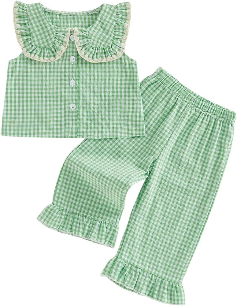 Thorn Tree Girls Summer Outfits Ruffle Sleeve Button Up Dress Tops Plaid Linen Pants Spring Toddl... | Amazon (US)