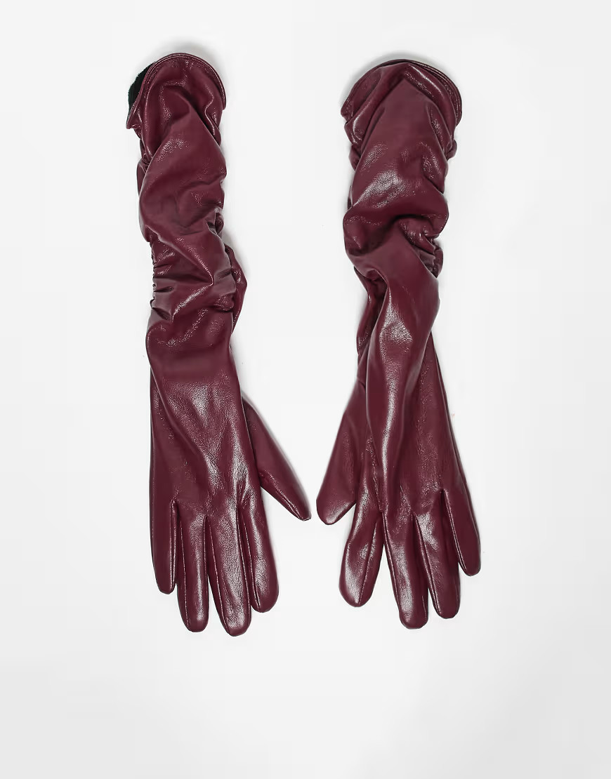 My Accessories faux leather long ruched gloves in burgundy-Red | ASOS (Global)
