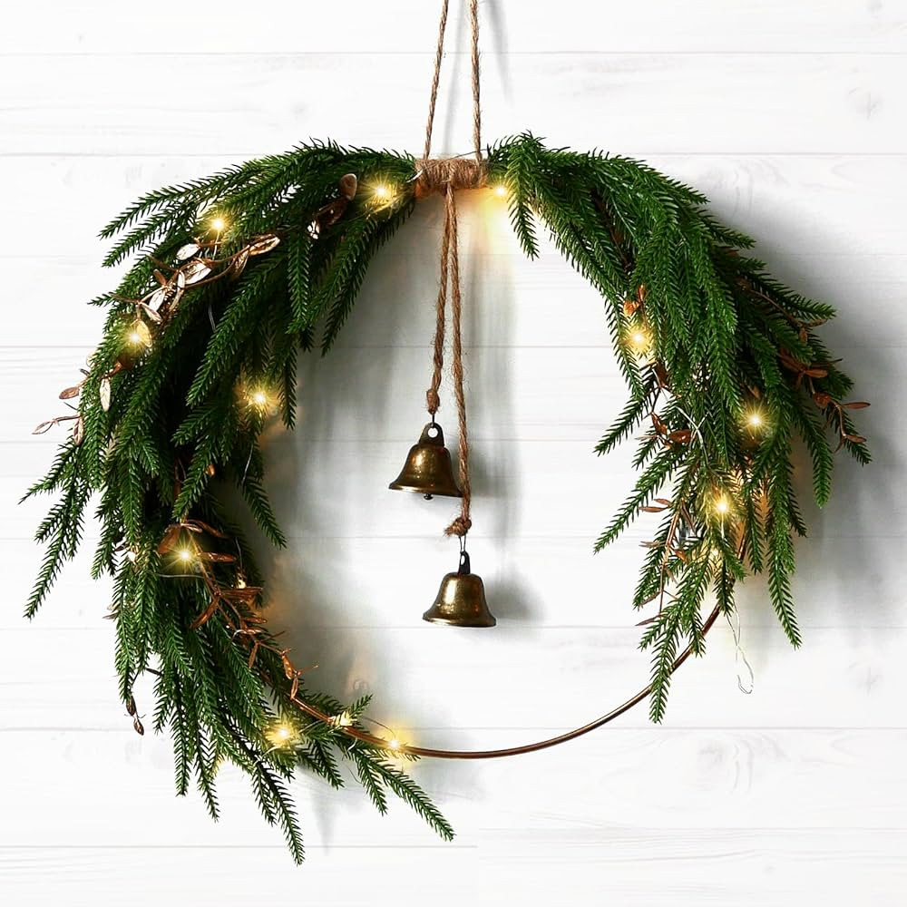 Norfolk Pine Christmas Wreath with Light and Bell 13.7'' Christmas Front Door Wreath Farmhouse Wi... | Amazon (US)