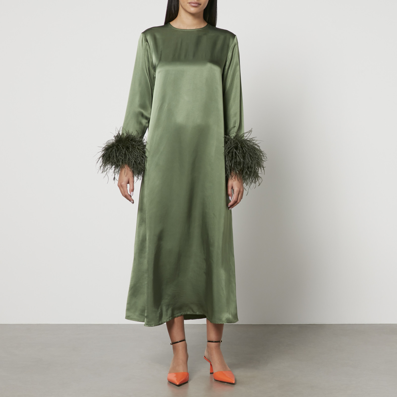 Sleeper Suzi Feather-Trimmed Satin Midi Dress - XS | Coggles | Coggles (Global)