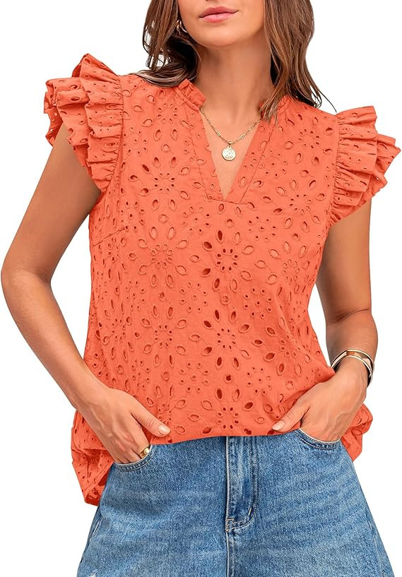 BTFBM Spring Summer Tops for Women 2026 Dressy Casual V Neck Ruffle Cap Sleeve Embroidered Eyelet... | Amazon (US)