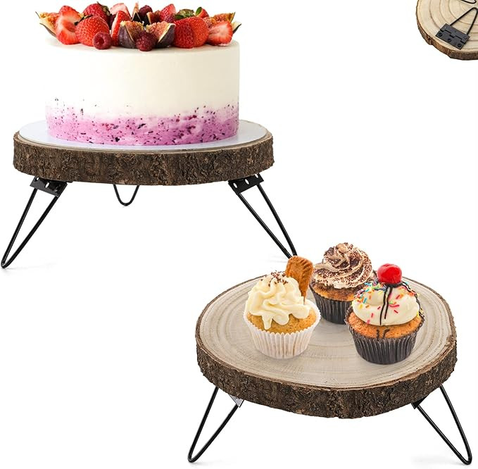 DEAYOU 2 Pack 10" Wood Cake Stand, Wooden Cupcake Pedestal, Paulownia Wood Slice Stand with Hairp... | Amazon (US)