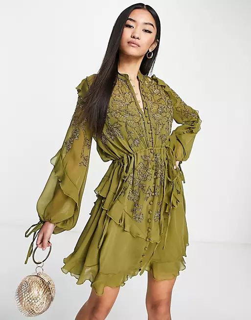 ASOS DESIGN embelllished chiffon mini dress with stencil floral beading in olive | ASOS (Global)