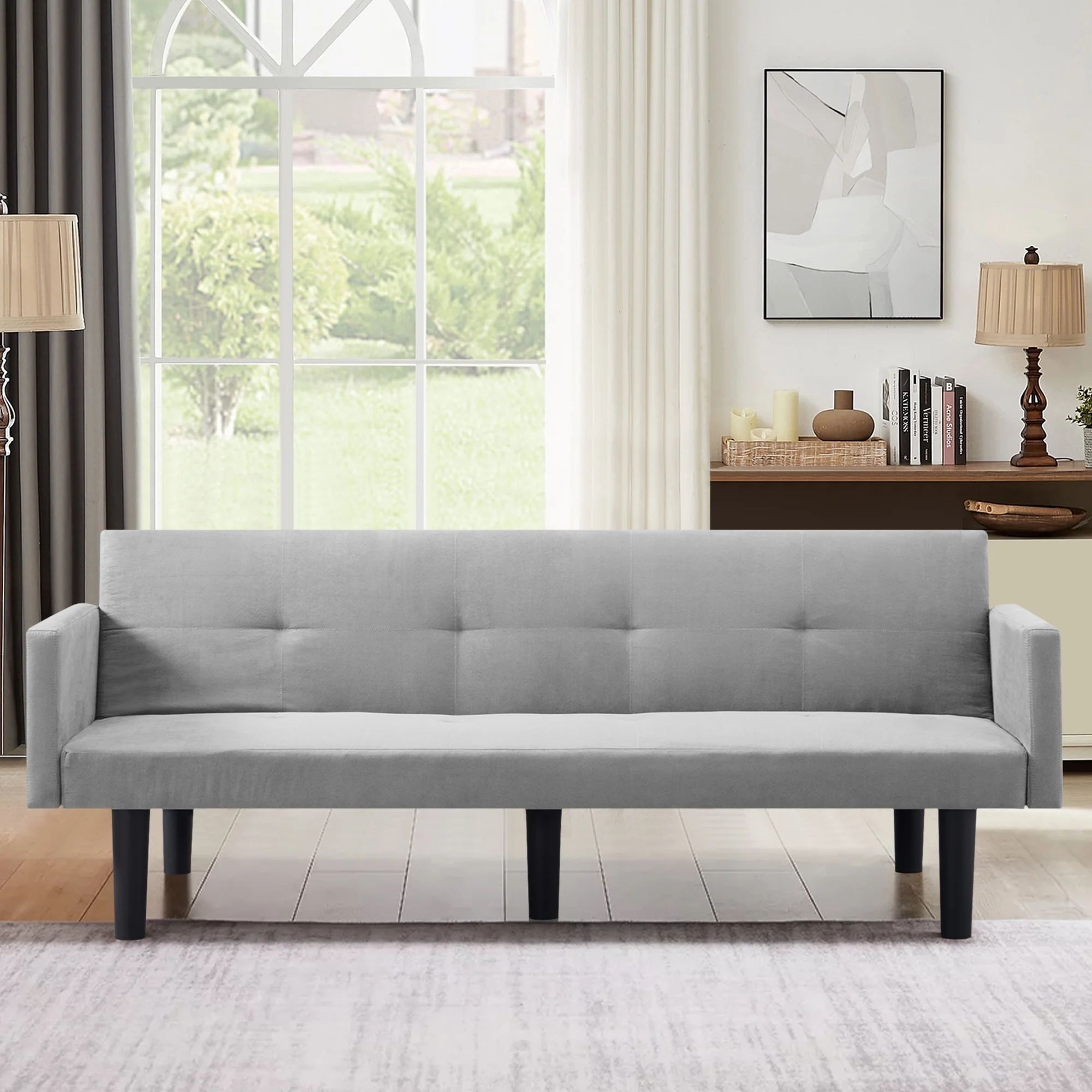 75" Futon Sofa Bed, Modern Faux Suede Convertible Futon Sofa Bed with Adjustable Back, Light Gray | Walmart (US)
