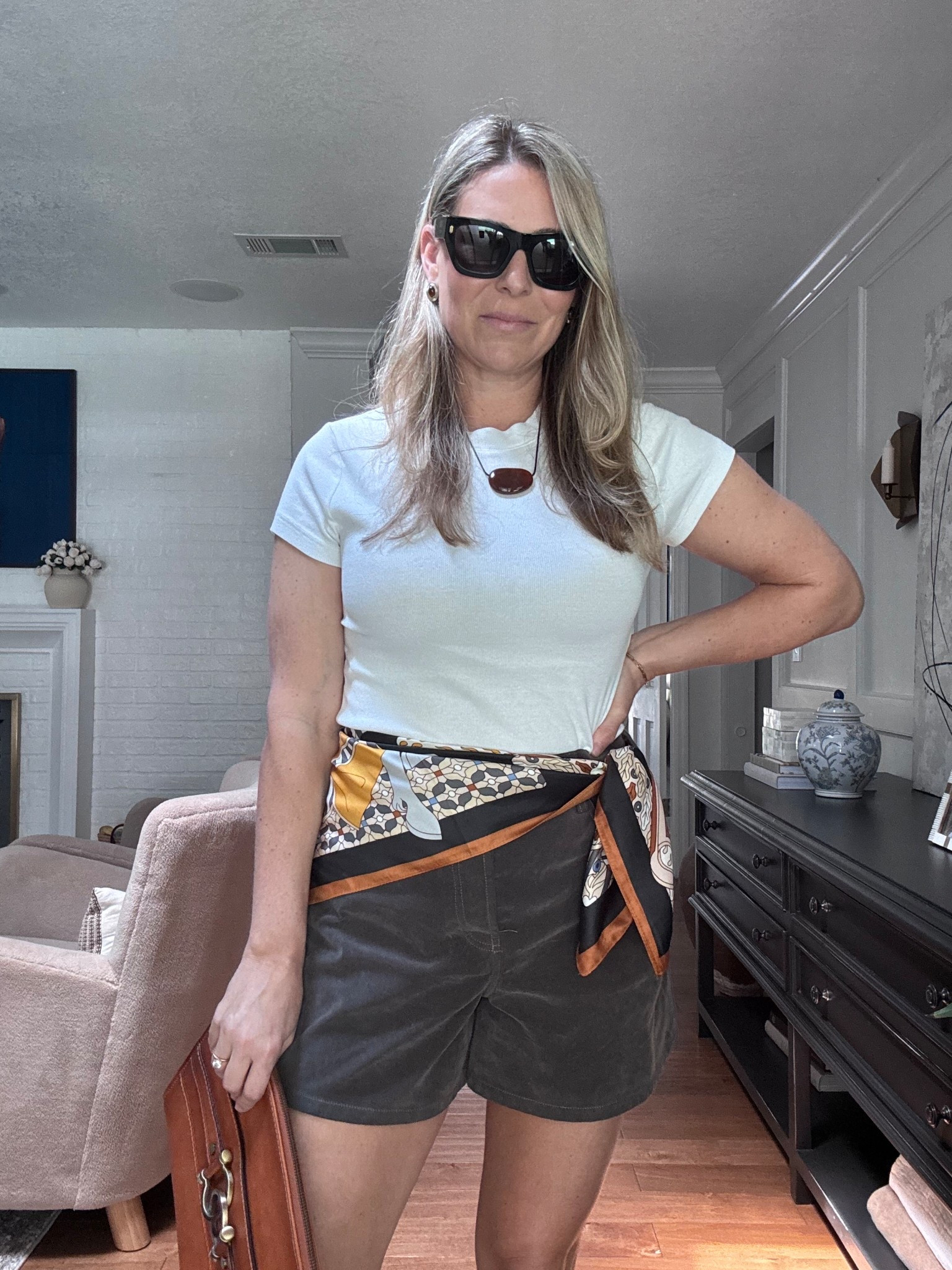 Target tee: medium 
Scarf
Suede shorts: tts

#LTKSeasonal #LTKgrwm #LTKOver40