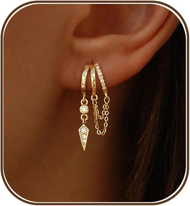Dangle Earrings for Women,14k Gold Plated Triple Huggie Stud Earrings Cute Statement Chain Earrin... | Amazon (US)