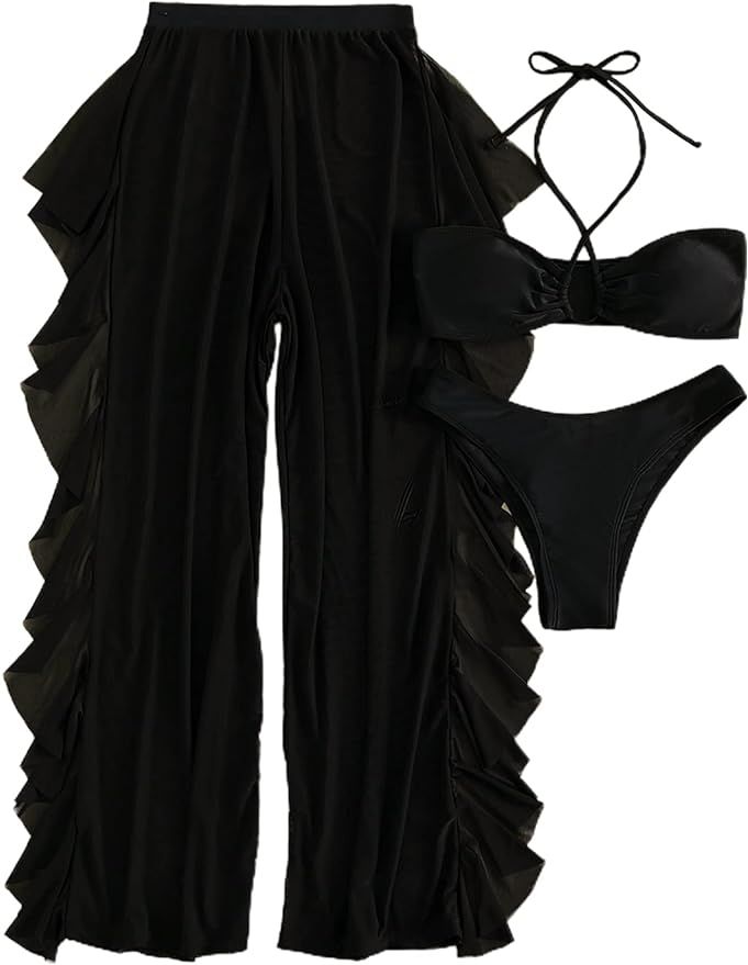 MakeMeChic Women's 3 Piece Swimsuit Solid Halter Bikini Set with Ruffle Sheer Cover Up | Amazon (US)