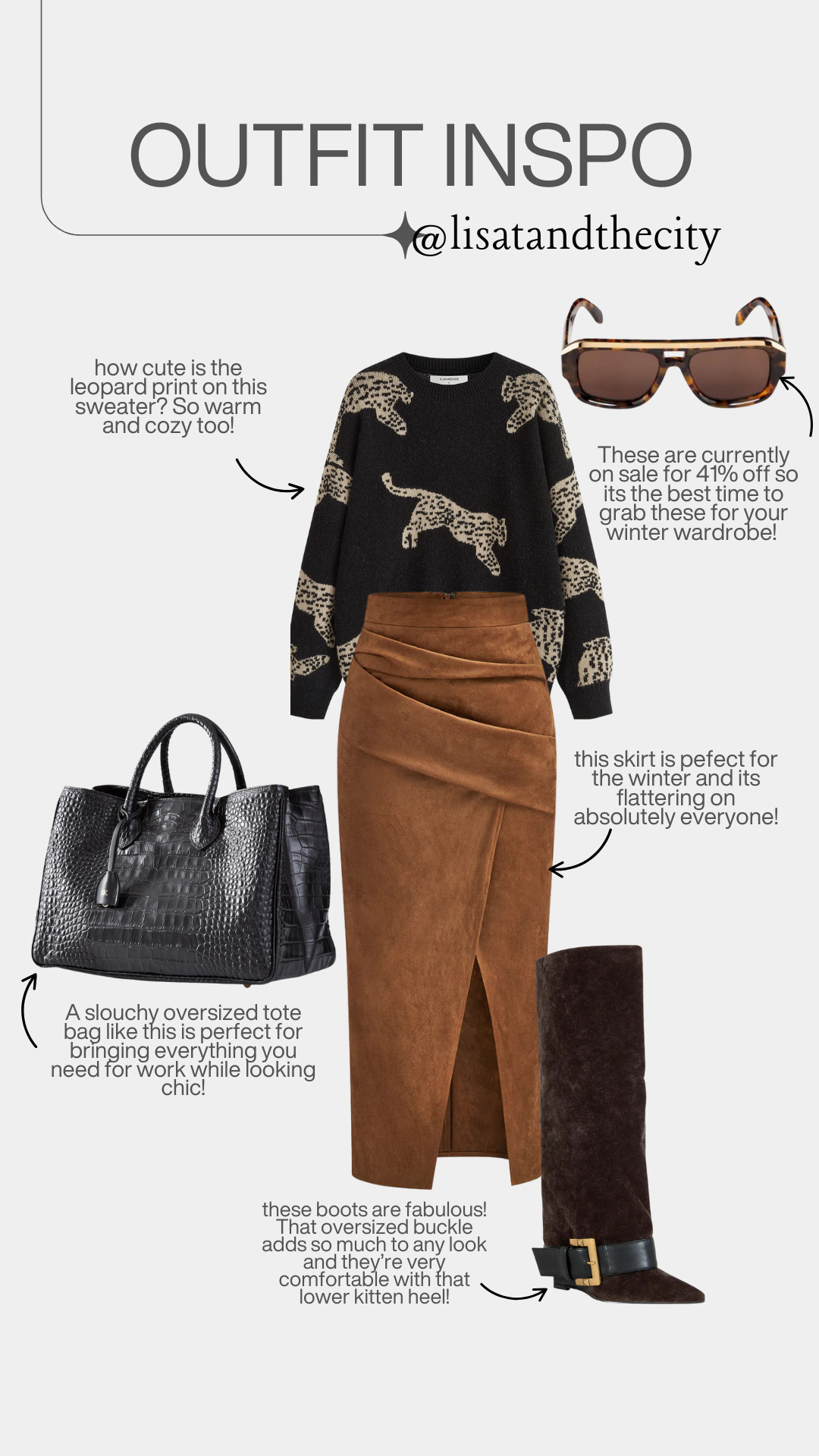 Obsessed with how luxury textures come together in this winter outfit—soft knits, suede, and leather always feel so elevated. This sweater-skirt combo is flattering, warm, and perfect for everyday wear, and the knee-high boots add just the right amount of sophistication without sacrificing comfort. Add a chic oversized tote and you’re set for work, errands, or lunch plans. Linking all my winter wardrobe staples here ✨ 

 #LTKstyle #LTKfashion #LTKwinter #WinterOutfitInspo #ClassicStyle #TimelessFashion #ChicEveryday #WorkwearStyle #ElevatedBasics #LuxuryForLess #WardrobeEssentials #ModernClassic #LTKootd #LTKSeasonal #LTKOver40