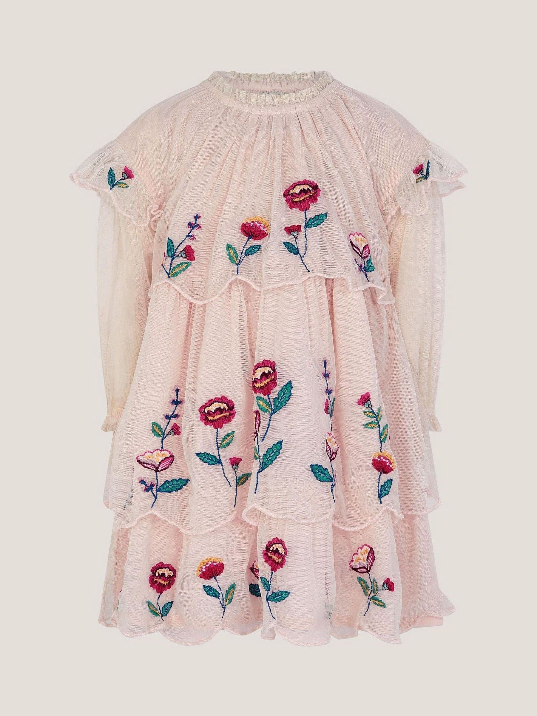 Monsoon Monsoon Pink Baby Floral Embroidered Scallop Tier Dress | Next US