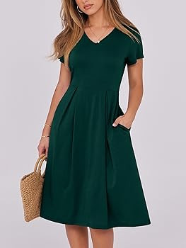 ANRABESS Women Summer Dress Casual Short Sleeve V Neck A-Line Knee Length Pleated Flowy 2026 Fash... | Amazon (US)