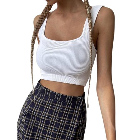 Blotona Women White Ribbed Knit Tank Crop Tops Sleeveless Solid Color Slim Fit Button up Camisole | Walmart (US)