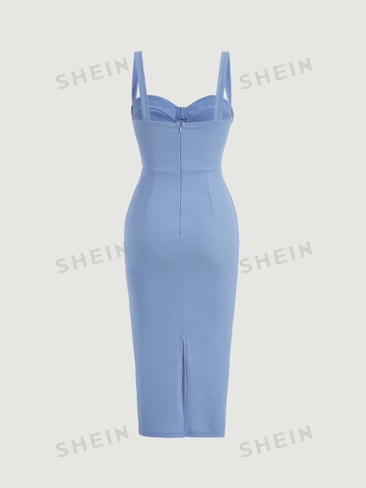 SHEIN MOD Split Back Bodycon Blue Slim-Fitting Bust-Cup Hip Midi Dress | SHEIN