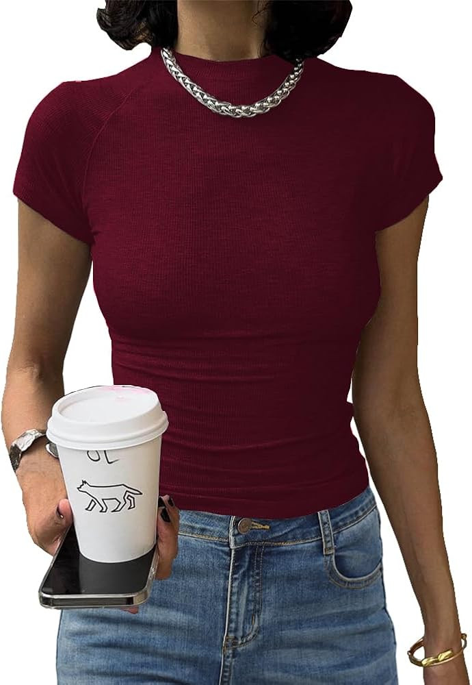 Abardsion Women's Casual Basic Knit Ribbed Tees 2024 Slim Raglan Sleeve Crewneck T Shirts Tops | Amazon (US)