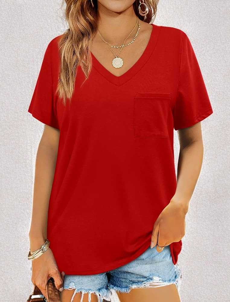 Geifa Womens T Shirts Short Sleeve V Neck Casual Summer Tops Tshirts with Pocket | Amazon (US)