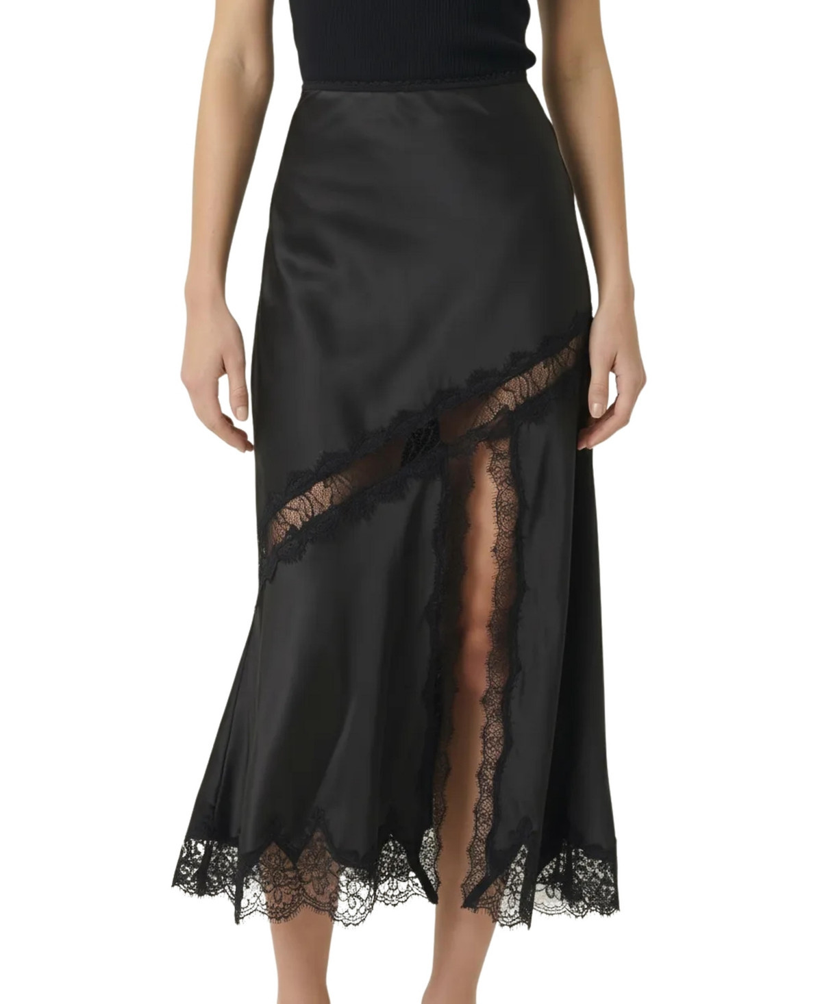 Modenaire Women's Lace-Trim Asymmetric Satin Midi Skirt - Black | Macy's