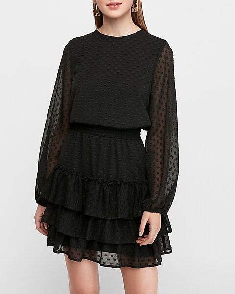 smocked tiered clip dot fit and flare dress | Express