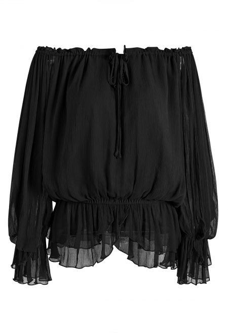 Off-Shoulder Tie-Neck Ruffled Chiffon Top in Black for Coffee Meetings & Lunch Dates | Chicwish