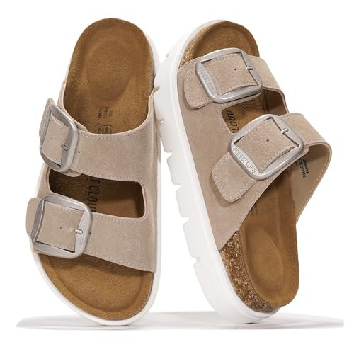 Project Cloud Genuine Leather Platform Sandals Women Footwear - Wedge Chunky Sandals Womens sandals with Memory Foam Insole and Cork Footbed (GREECECHUNKY, BEIGESU, 7.5) | Amazon (US)